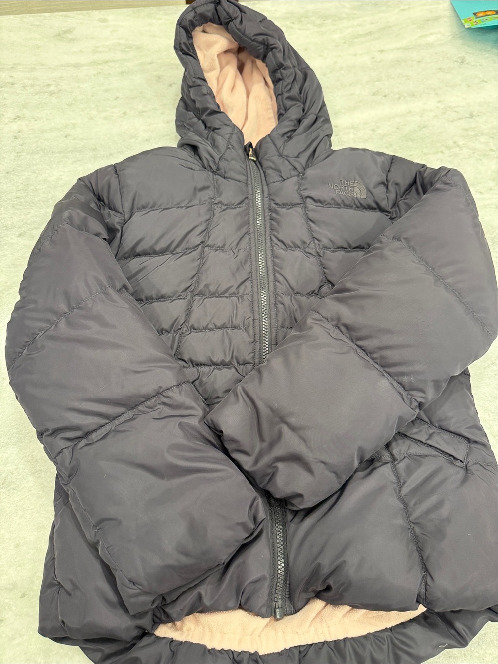 The North Face Moondoggy Hooded Puffer Jacket in Charcoal with Pink Plush Lining